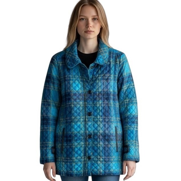 Lands' End Jackets & Blazers - Lands End Quilted Plaid Barn Jacket Women Size L/T 14-16 Blue Gold Outerwear EUC